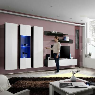 6-piece living room set with TV stand, wall display cabinet, wooden shelves