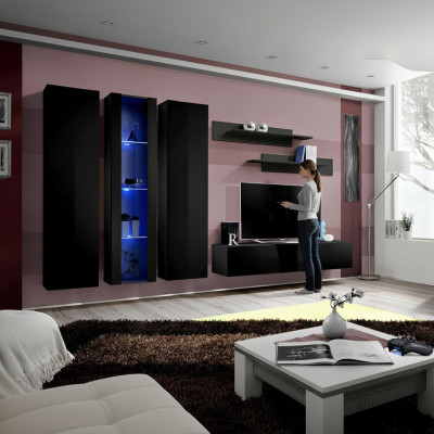 Wooden furniture wall unit wall cabinet black TV stand set hanging display cabinet