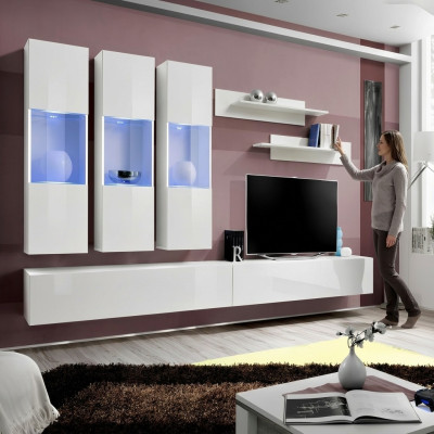 Living Room RTV Hanging Cabinet Living Wall Wood Design White Modern New Set 7-piece.