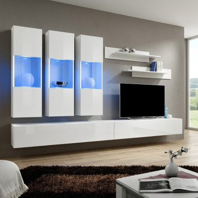 Living Room RTV Hanging Cabinet Living Wall Wood Design White Modern New Set 7-piece.