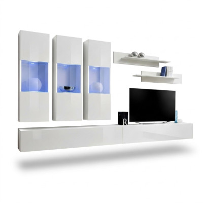 Living Room RTV Hanging Cabinet Living Wall Wood Design White Modern New Set 7-piece.