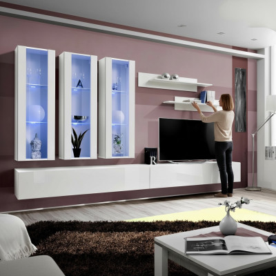 White living room wall unit, designer hanging display cabinet, TV stand, sideboard, modern wood.