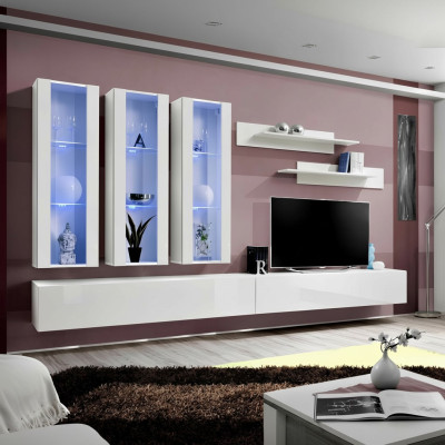 White living room wall unit, designer hanging display cabinet, TV stand, sideboard, modern wood.