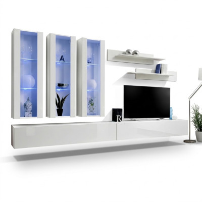 White living room wall unit, designer hanging display cabinet, TV stand, sideboard, modern wood.
