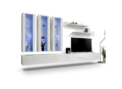 White living room wall unit, designer hanging display cabinet, TV stand, sideboard, modern wood.