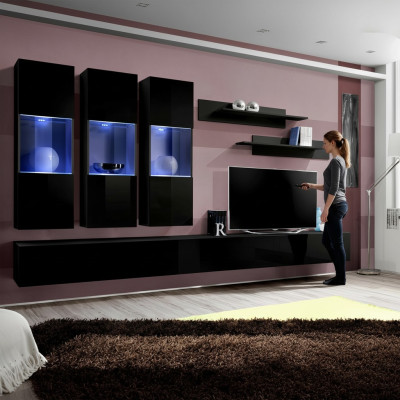 Set 7-piece living room wall unit wooden furniture 2x TV stands modern wall shelves black