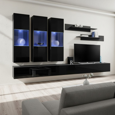 Set 7-piece living room wall unit wooden furniture 2x TV stands modern wall shelves black