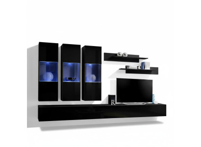 Set 7-piece living room wall unit wooden furniture 2x TV stands modern wall shelves black