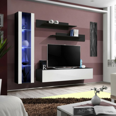 Designer living room wall unit set, 4-piece, black, living room furniture, hanging display cabinet furnishing.