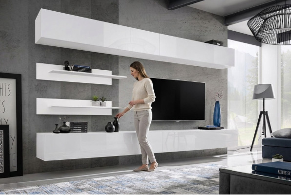 White Wall Unit Living Room Set 6 pcs Luxury Modern Wooden Furniture Wall Cabinet TV Stand
