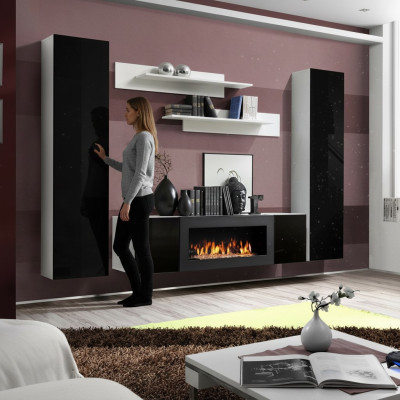 Living room wall unit TV stand with fireplace, designer wall shelves, wooden wall cabinet