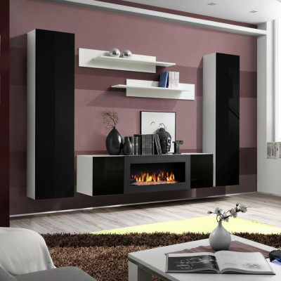 Living room wall unit TV stand with fireplace, designer wall shelves, wooden wall cabinet