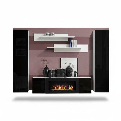 Living room wall unit TV stand with fireplace, designer wall shelves, wooden wall cabinet