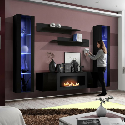 Complete Set 5-piece Luxury Living Room Wall Black Designer Hanging Display Cabinet Wooden Furniture