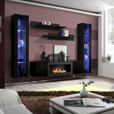 Complete Set 5-piece Luxury Living Room Wall Black Designer Hanging Display Cabinet Wooden Furniture