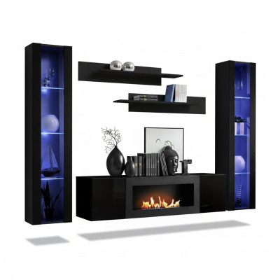 Complete Set 5-piece Luxury Living Room Wall Black Designer Hanging Display Cabinet Wooden Furniture