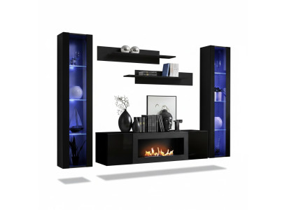 Complete Set 5-piece Luxury Living Room Wall Black Designer Hanging Display Cabinet Wooden Furniture