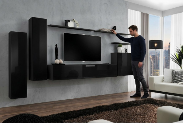 Complete Set 7-piece Black Wall Unit TV Stand Living Room Designer Wall Cabinet