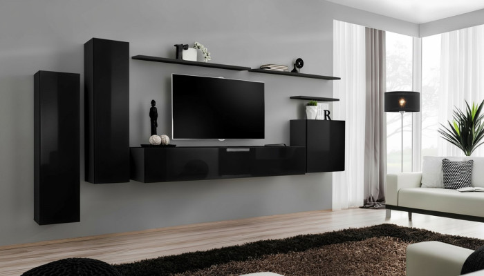Complete Set 7-piece Black Wall Unit TV Stand Living Room Designer Wall Cabinet