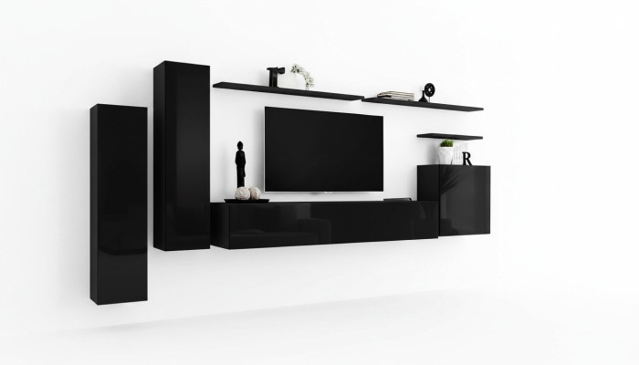Complete Set 7-piece Black Wall Unit TV Stand Living Room Designer Wall Cabinet