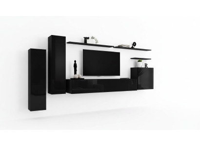 Complete Set 7-piece Black Wall Unit TV Stand Living Room Designer Wall Cabinet