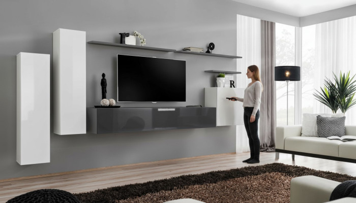 Set 7 pcs Living Room TV Stand Cabinet Wall Cabinet Wall Unit Wood Modern Furniture