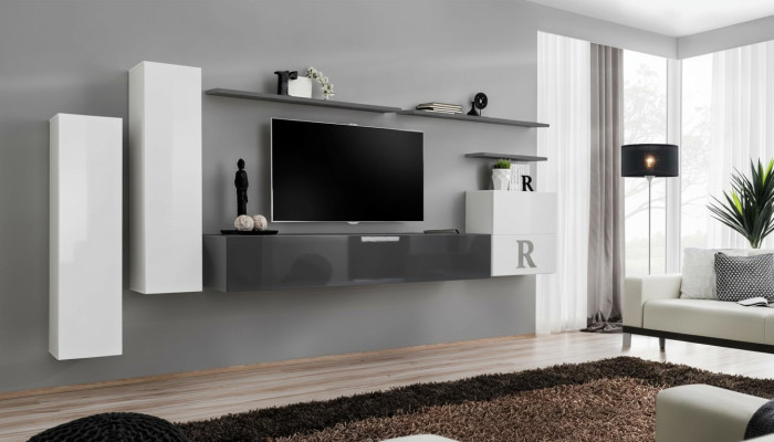 Set 7 pcs Living Room TV Stand Cabinet Wall Cabinet Wall Unit Wood Modern Furniture
