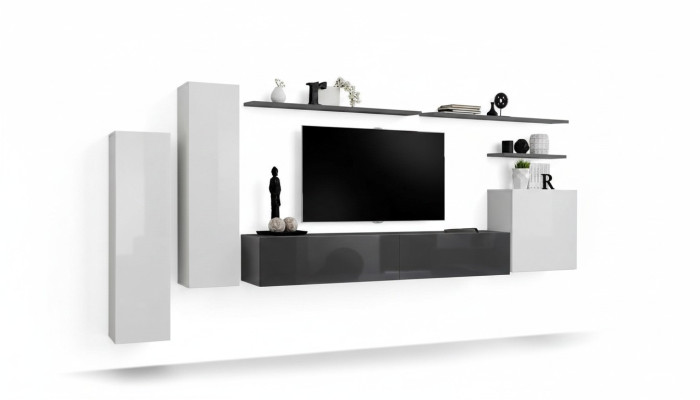 Set 7 pcs Living Room TV Stand Cabinet Wall Cabinet Wall Unit Wood Modern Furniture