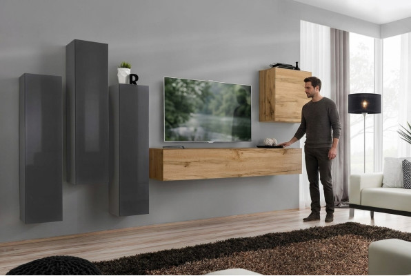 Modern living room wall unit set, 5-piece, gray wooden furniture, cabinet, TV stand, new