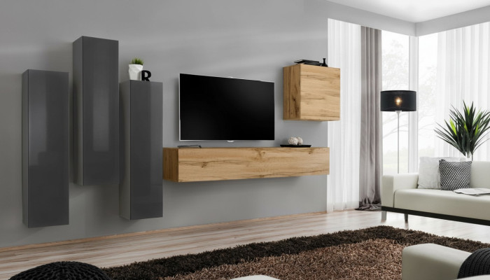 Modern living room wall unit set, 5-piece, gray wooden furniture, cabinet, TV stand, new
