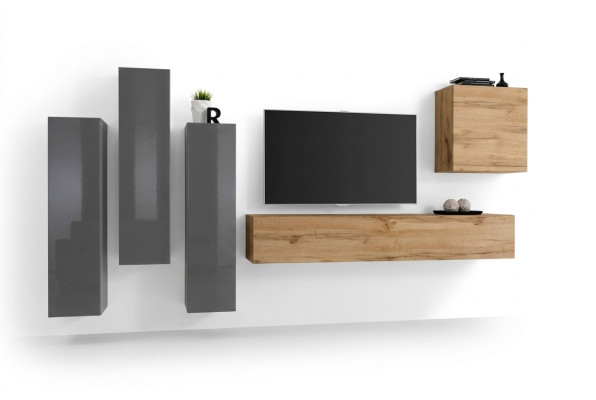 Modern living room wall unit set, 5-piece, gray wooden furniture, cabinet, TV stand, new
