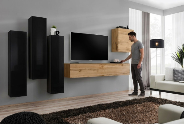 Black Living Room Complete Set Sideboard TV Cabinet Wall Decor Luxury Furniture