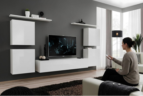 Complete Set 7-piece White Living Room Wall Unit Luxury Furnishings Modern TV Stand