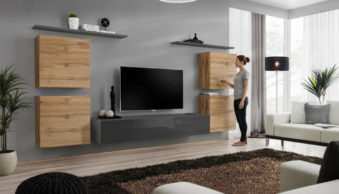 Wooden furniture wall unit living room gray wall shelf luxury furnishing new