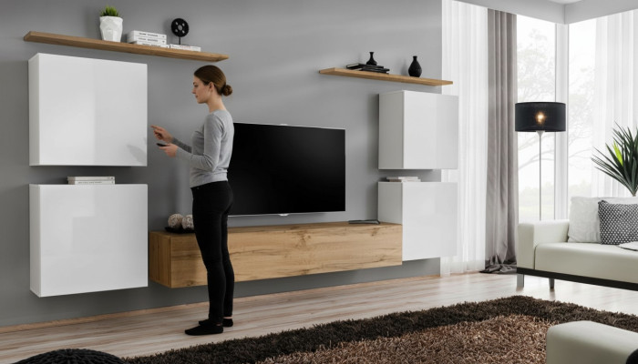 Set of 7 pieces Luxury New Living Room Set Brown TV Stand Wall Cabinet Wood