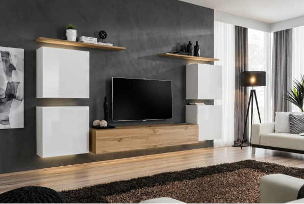 Set of 7 pieces Luxury New Living Room Set Brown TV Stand Wall Cabinet Wood