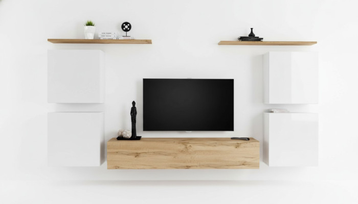 Set of 7 pieces Luxury New Living Room Set Brown TV Stand Wall Cabinet Wood