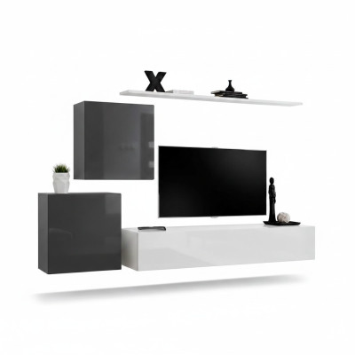 Living Room Wall Unit Set 4-piece Modern Style Lowboard Wall Shelf White Wall Cabinet