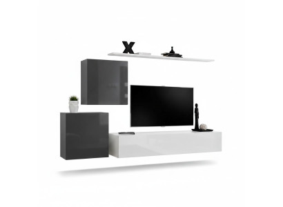 Living Room Wall Unit Set 4-piece Modern Style Lowboard Wall Shelf White Wall Cabinet