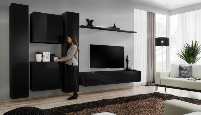 Black living room wall unit TV stand luxury living room furniture complete set 6-piece modern