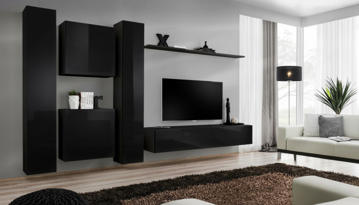 Black living room wall unit TV stand luxury living room furniture complete set 6-piece modern