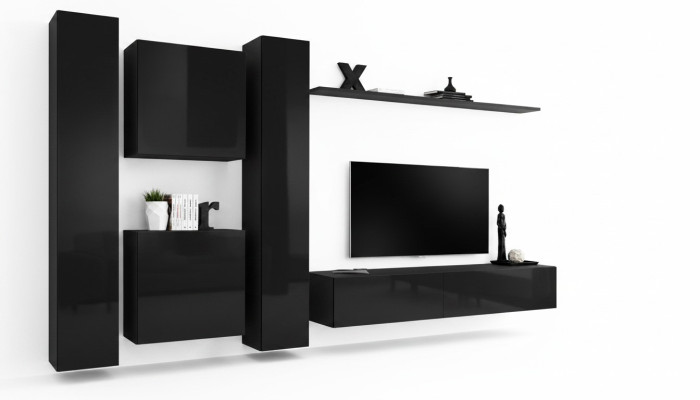 Black living room wall unit TV stand luxury living room furniture complete set 6-piece modern