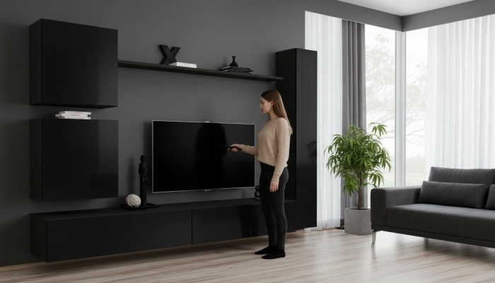 Luxury Black Living Room Wall Unit Designer Wall Cabinet Set 6 pcs Wooden Furniture Living Room Furniture