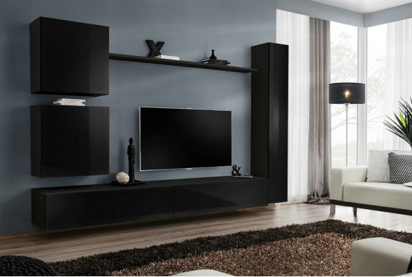Luxury Black Living Room Wall Unit Designer Wall Cabinet Set 6 pcs Wooden Furniture Living Room Furniture