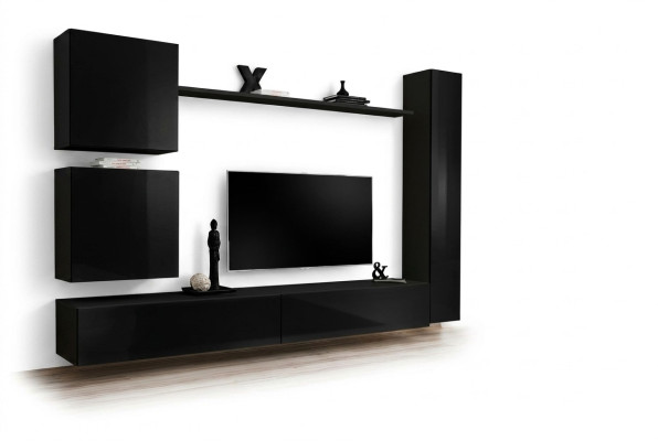 Luxury Black Living Room Wall Unit Designer Wall Cabinet Set 6 pcs Wooden Furniture Living Room Furniture