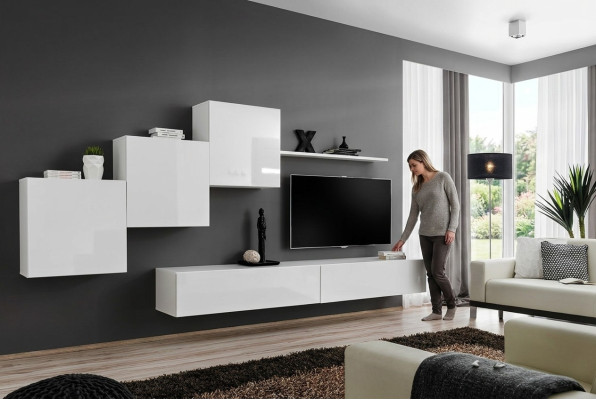 White living room wall TV stand, sideboard complete, modern living room shelves, wood new
