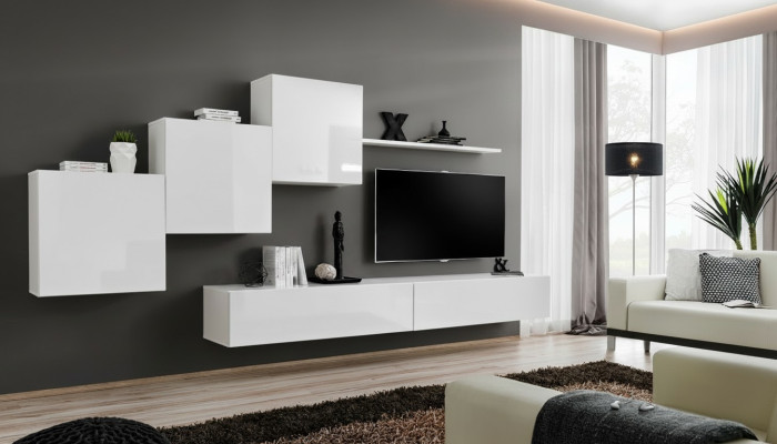White living room wall TV stand, sideboard complete, modern living room shelves, wood new