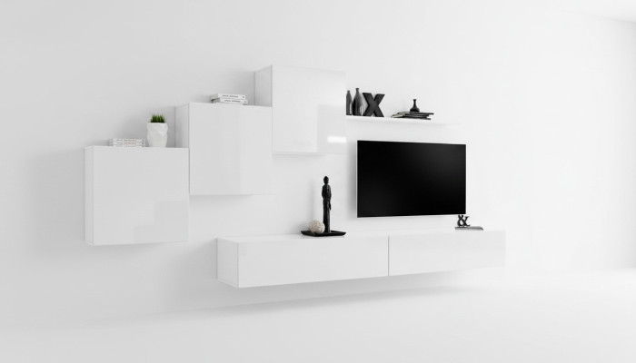 White living room wall TV stand, sideboard complete, modern living room shelves, wood new