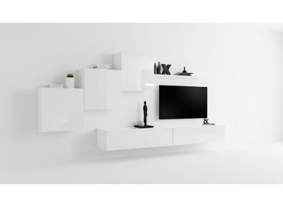 White living room wall TV stand, sideboard complete, modern living room shelves, wood new