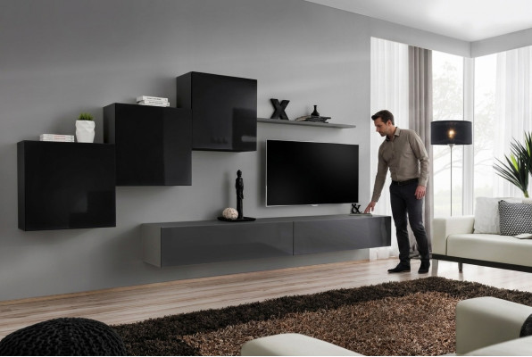 Living Room Set Wall Shelf TV Stand Gray Living Wall Luxury Cabinet Design 6-Piece New